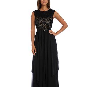R & M Richards Sequined Lace Chiffon Gown Black